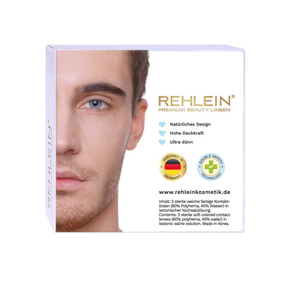 REHLEIN Premium Kontaktlinsen in der "Fan Love Germany" Edition. Rückseite der Produktverpackung mit Männergesicht.
Monatslinsen für den täglichen Gebrauch. Produktmerkmale: designed in Germany, ultra dünn, doppelte Sicherheit