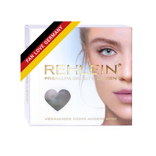 REHLEIN Premium Kontaktlinsen in der "Fan Love Germany" Edition. Vorderseite der Produktverpackung mit goldenem Schriftzug und Frauengesicht